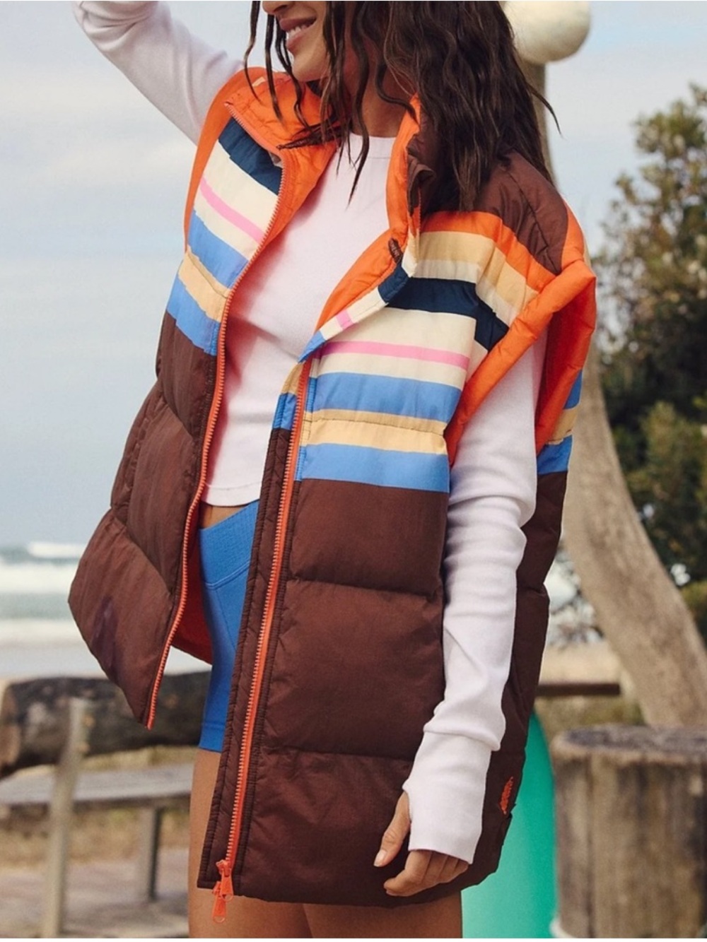 FP MOVEMENT PRINTED IN A BUBBLE VEST in Brown Camper Stripe XS NWT $178